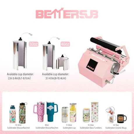 BetterSub 3in1 40 OZ Tumbler Mug Heat Press Machine 30 OZ 20 OZ 16 OZ Sublimation Straight Skinny Tumbler Mug,11 OZ 15 OZ 16 OZ Sublimation Mug Heat Transfer Pink BetterSub