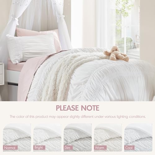 Intelligent Design Twin Comforter Set Ruched Shabby Chic Comforters for Twin Size Bed, All Season Lightweight Comforter Twin, French Country Bedding Set, Sham, Ella, Twin/Twin XL, White, 2 Piece Intelligent Design
