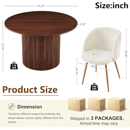 Homedot 5 Piece 47-inch Round Dining Table Set for 4, Rustic Walnut Dinner Table with Upholstered Sherpa Dining Room Chairs Set, Engineered Wood Kitchen Table with Wood Strips Base Homedot