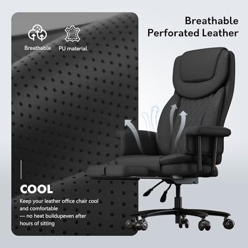 JULYMON Executive Office Chair Big and Tall 400LBS, 165° Reclining Office Chair with Footrest, Leather Desk Chair with Quiet Wheels, Height Adjustable, Padded Arms, Black JULYMON