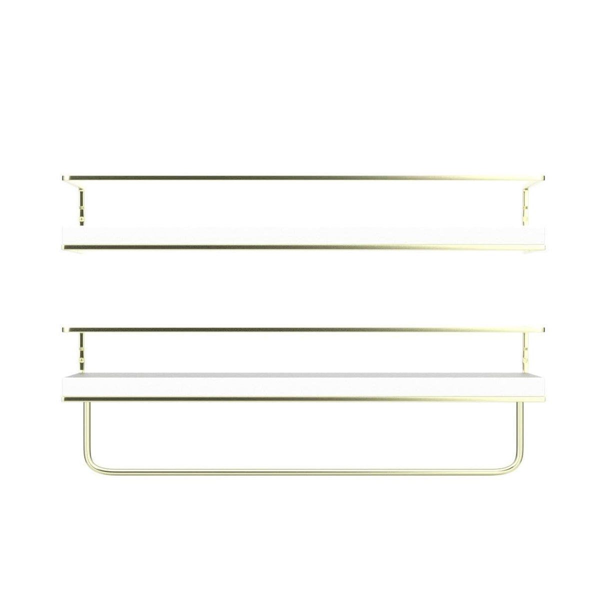 Shario White Floating Shelves - Set of 2, Wall Mounted Hanging Shelves with Golden Towel Rack, Decorative Storage Shelves for Bathroom, Kitchen, Living Room & Bedroom (White) Shario