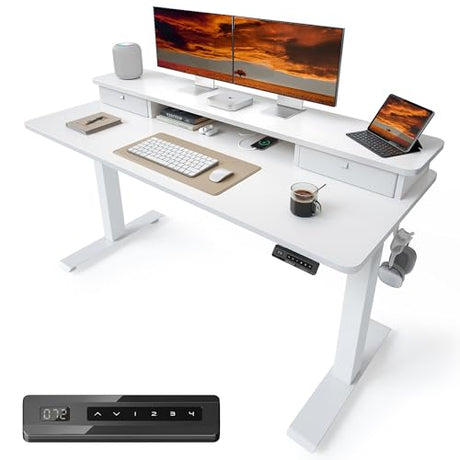 CubiCubi 55 x 24 Inch Electric Height Adjustable Standing Desk with Double Drawers, 4 Adjustable Feet & 2 Hooks, Home Office Computer Workstation, White CubiCubi