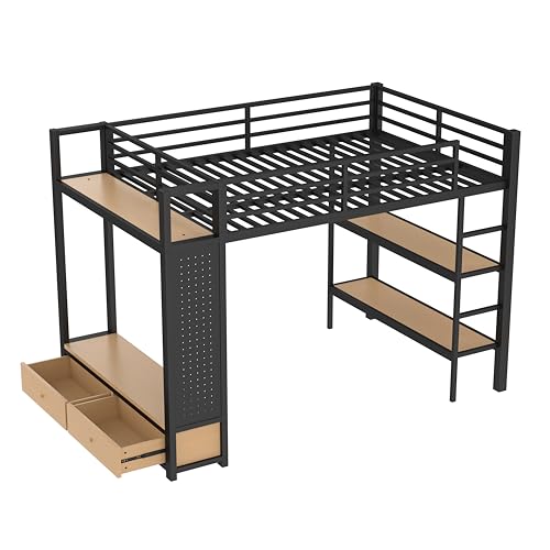 Bellemave Full Size loft Bed with Wardrobe and Storage Shelves and Pegboard Drawers, Metal Full Loft Bed Frame for Adults, Kids, Teens, Black Bellemave