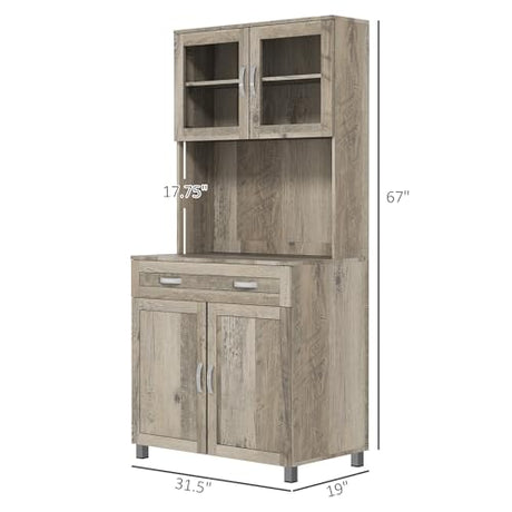 HOMCOM 67" Pantry Cabinet, Modern Kitchen Hutch, Freestanding Storage Cabinet with Glass Doors, Adjustable Shelves and Drawers for Home, Dining Room, Living Room, Gray HOMCOM