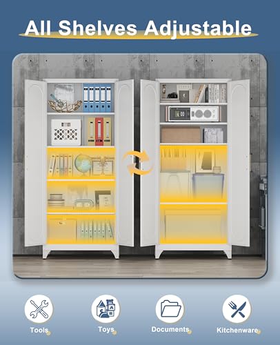 75" Tall Metal Storage Cabinet with 2 Doors and 4 Adjustable Shelves, Heavy Duty Steel Pantry Cabinet for Home Office, Kitchen, Garage and Laundry Room, White METALOONG