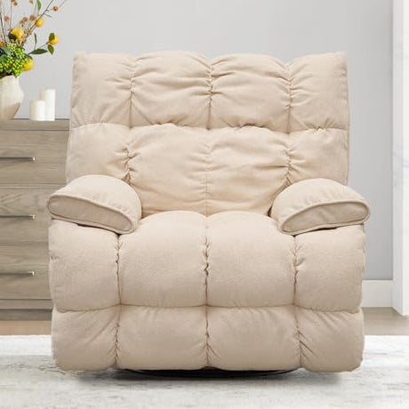 Power Glider Rocker Recliner Chair 360° Swivel Electric Lay-Flat Motion Seating Overstuffed Pillow-Top Arms Plush High Back Lumbar Support USB Charging Ports Smooth Quiet Motor (Cream White) WEALTHKING