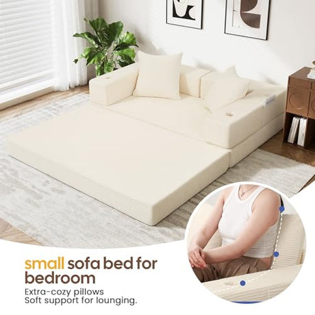 COMAX Futon Sofa Bed, 4‑in‑1 Convertible Sofa Bed, Folding Boneless Couches for Living Room, Fold Out Small Foldable Loveseat Floor Sleeper Comfy Mattress Lounge Space‑Saving, Beige COMAX