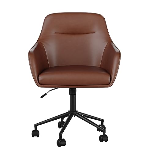 Martha Stewart Rayna Swivel Task Chair with Flared Arms for Home Office in Saddle Brown Faux Leather with Oil Rubbed Bronze Frame Martha Stewart