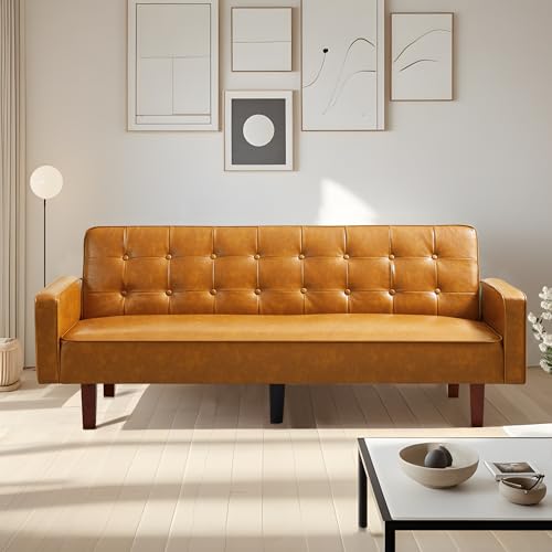 liuyouhom 74" Futon Sofa Bed, Mid Century Modern Futon Couch, Small Sofa Cama, Loveseat, Small Couches for Living Room, Office(Faux Leather, Brown)