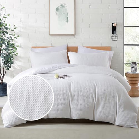 BOLINLIVING Waffle Weave Duvet Cover Twin Size, Kid's Microfiber Duvet Cover with Pillow Sham, White Textured Soft Comforter Cover for All Season with Zipper Closure and Corner Ties BOLINLIVING