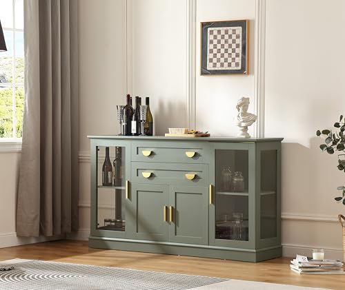 FOREST GRAVITY 58.27'' Buffet Cabinet with 2 Drawers and Adjustable Shelves,Large Glass Door Coffee Bar Cabinet,Modern Farmhouse Sideboard Credenza for Kitchen,Green FOREST GRAVITY