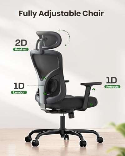 Marsail Ergonomic Office Chair Ergonomic Gaming Chair with Lumbar Support, 2D Headrest, Adjustable Armrests, Contoured Seat Cushion, Computer Desk Chair with Wheels for Home and Office (Dark) Marsail