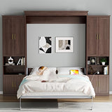 Rophefx Murphy Bed Queen with 2 Side Cabinet Storage Shelves, Queen Wall Bed Cabinet with USB Port, Wood Foldable Platform Bed Frame, Space Saving Beds, Modern Hidden Bed for Guest Room, Home, Walnut Rophefx