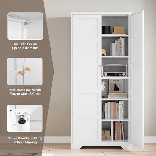 Yizosh Metal Storage Cabinet with 2 Doors and 5 Adjustable Shelves - 71" White Kitchen Pantry Storage Cabinet, 5-Tier Tall Steel Cabinet Locker for Kitchen,Dining Room,Living Room Yizosh