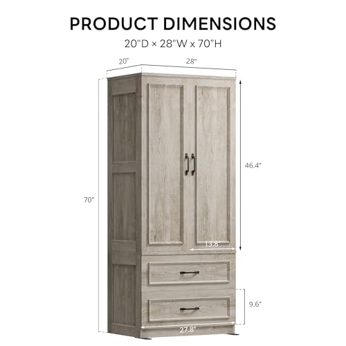 LIKIMIO Armoire Wardrobe Closet with 2 Doors and 2 Drawers 70" H x 28" W Wooden Bedroom Freestanding Wardrobe Combination for Hanging Clothes, Rustic Maple LIKIMIO