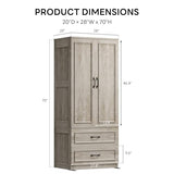 LIKIMIO Armoire Wardrobe Closet with 2 Doors and 2 Drawers 70" H x 28" W Wooden Bedroom Freestanding Wardrobe Combination for Hanging Clothes, Rustic Maple LIKIMIO