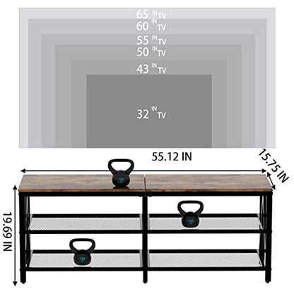 Katrawu TV Stand for TV up to 65 Inch, Long 55" TV Cabinet with 3-Tier Storage Shelves,Entertainment Center TV Console Table for Living Room with Industrial TV Metal Frame, Rustic Brown - WoodArtSupply