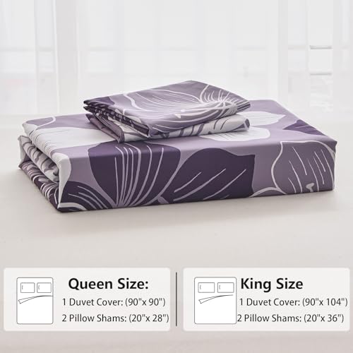 DJY King Duvet Cover Set 3 Piece Purple Flower Bedding King Set Breathable Comforter Covers with 2 Pillow Shams Zipper Stitch Bedding Duvet Cover Set for All Season (90"x104") DJY