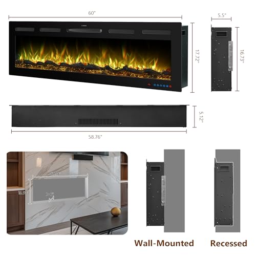 60" Infrared Smart Electric Fireplace Alexa/Google Compatible, Remote& App Control Multicolor Flame w/Dimmer, Wall-Mounted& Recessed WiFi Enabled Fireplace Heater w/Crackling Sound& Thermostat, 1500W Dreamflame