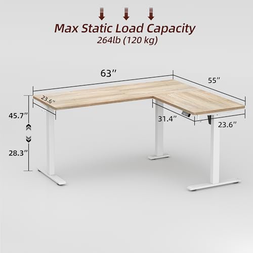TIQLAB L Shaped Standing Desk Adjustable Height, Electric Corner Standing Desk, 63 x 55 inch Sit Stand Computer Table with Splice Board, Maple TIQLAB