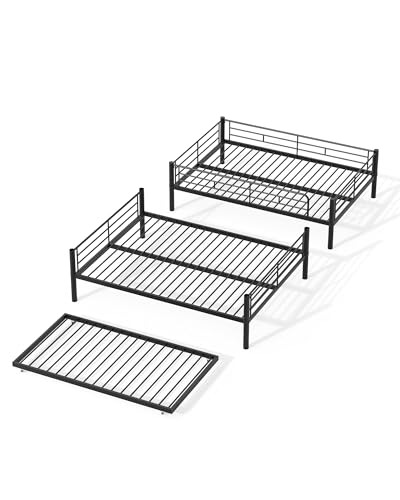 Mixcous Full XL Over Queen Bunk Bed with Trundle, Heavy-Duty Metal Bunk Bed w/Full-Length Guardrail & EVA Padded Ladder, Convertible to 3 Separate Beds for Adults, Teens, Noise-Free, Black Mixcous