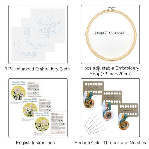 Louise Maelys 3 Sets Flowers Embroidery Kits for Beginners,Cross Stitch Kit for Adults,DIY Needlepoint for Starters Including Florals Pattern, Hoop,Instruction and Threads