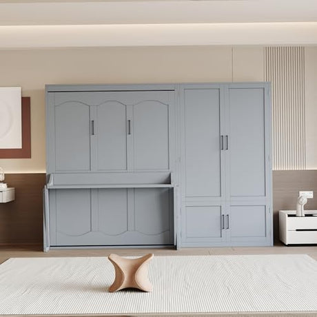 Merax Queen Size Murphy Bed Wall Bed with Closet and Wardrobe Storage for Bedroom,Gray Merax