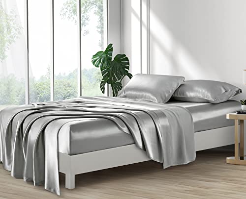 Lanest Housing Silk Satin Sheets, Full Size Satin Bed Sheet Set with Deep Pockets, Cooling Soft and Hypoallergenic Satin Sheets Full - Light Gray Lanest Housing