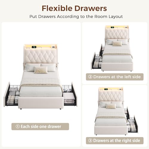 Twin LED Velvet Bed Frame with 2 Storage Drawers&Hidden Headboard, Upholstered Platform Bed with Charging Station&Button Tufted Design, Wooden Slats Support, Box Spring Optional, Easy Assembly, Beige Jocoevol