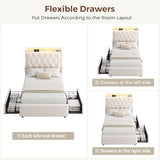Twin LED Velvet Bed Frame with 2 Storage Drawers&Hidden Headboard, Upholstered Platform Bed with Charging Station&Button Tufted Design, Wooden Slats Support, Box Spring Optional, Easy Assembly, Beige Jocoevol