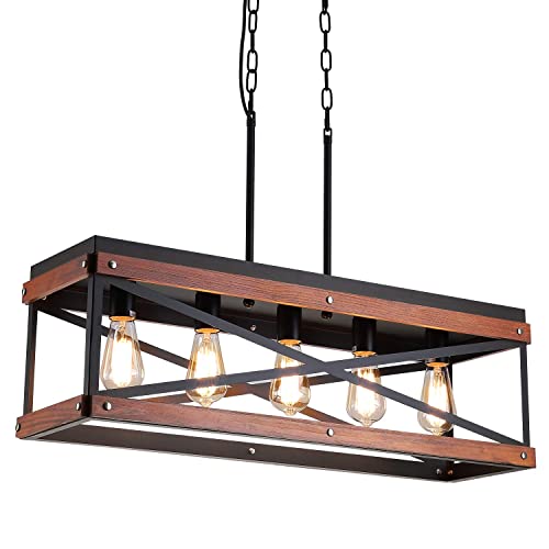 Rustic Farmhouse Kitchen Island Lighting, Wood and Metal Linear Chandelier, 5 Lights Industrial Pendant Light Fixture for Kitchen Island Dining Room Living Room Table, Black Fivess Lighting