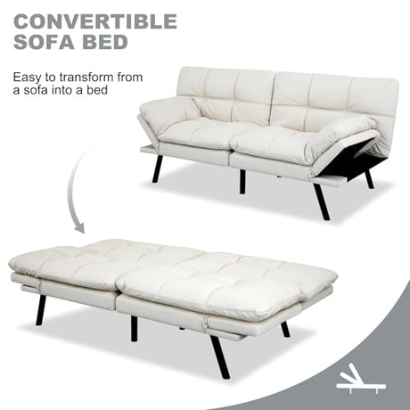 MUUEGM Futon Sofa Bed Convertible Couch,Memory Foam Futon Sofa Couch,Sleeper Futons Sofa Couches,Small Splitback Modern Loveseat Sofa Bed for Living Room,Office,Apartment,Faux Leather,White. MUUEGM