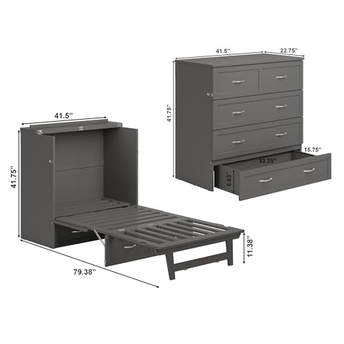 AFI, Northfield Murphy Bed Chest Twin XL with 6" Mattress, Storage Drawer & Built-in USB Charger, Grey AFI
