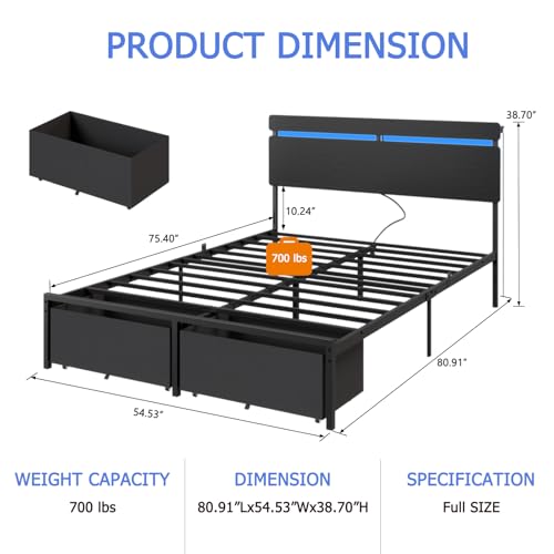 Forestell Full Size Bed Frame with Wood Headboard, Black Platform Bed with 2 Storage Drawers & Shelf, Built in Charging Station & LED Lights, Metal Support, No Box Spring Needed, Camas Full Forestell