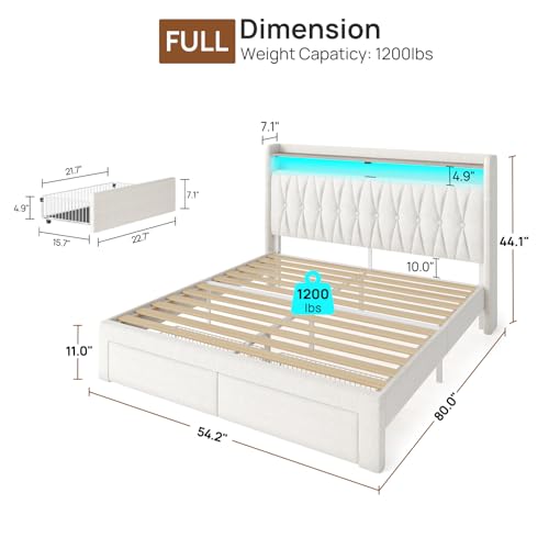 Rolanstar Full Bed Frame with Drawers, Storage Headboard with Charging Station and LED Lights, Upholstered Bed with Heavy Duty Wood Slats, No Box Spring Needed, Noise Free, Easy Assembly, Beige Rolanstar