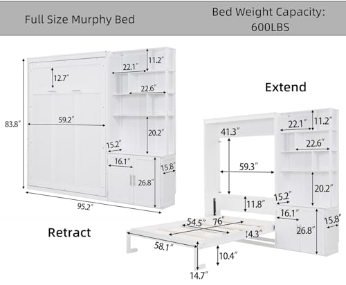 Merax 83.8" Tall Solid Wood Full Size Murphy Bed Cabinet with Multiple Storage Shelves and Cabinet, Foldable Hidden Platform Bedframe for Home, Bedroom, Small Room, Apartment Merax