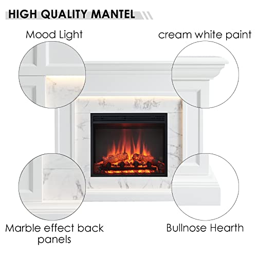 LegendFlame Fireplace Suite Sheraton, 48 Inch Mantel Surround, Cream White with Snow White Marble Pattern Finish, with 23 Inch Electric Fireplace Insert, 750W/1500W, Mood Light, Remote Control Legend Flame