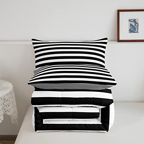 Striped Comforter Set Black and White Stripe Bedding Set Full Kids Boys Girls Women Men Farmhouse Ticking Stripes Duvet Set Horizontal Stripes Adults Abstract Gothic Home Decor Soft Reversible Erosebridal