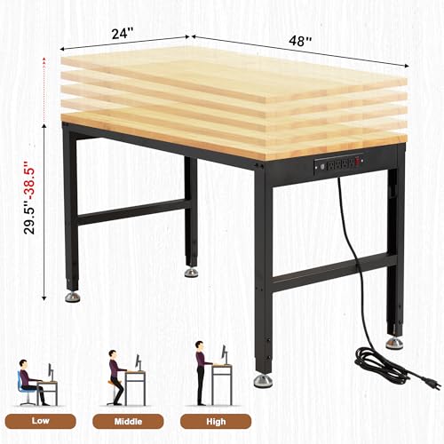 Antifir 48" Heavy Duty Workbench 1800 Lbs Capacity Solid Wood Working Bench Adjustable Height Work Tables with Power Outlets for Garage Shop Home Office Antifir