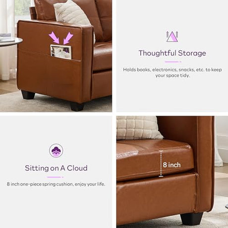 TYBOATLE 65" Faux Leather Sofa Couches for Living Room, Mid-Century Modern Tufted Comfy Loveseat w/USB Charging Ports and Wide Arms, 2 Seater Office Small Couch for Small Space Bedroom, Brown TYBOATLE