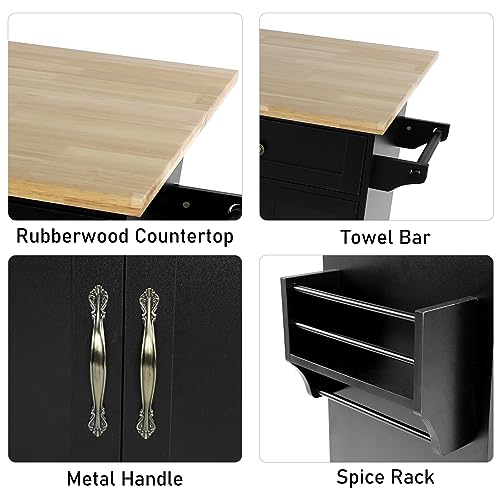 Fingertip WD Rolling Kitchen Island with Drop Leaf - Kitchen Trash Cabinet Tilt Out 10 Gallon Storage, Storage Islands Movable Carts with Rubberwood Top, Spice Rack and Drawers for Dining Room(Black)