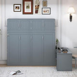 Queen Horizontal Murphy Bed with Desk and Storage Bookcase Shelves,Pine Wood Murphy Wall Bed with Storage Shelves and Desk,for Adults (Grey) MERITLINE