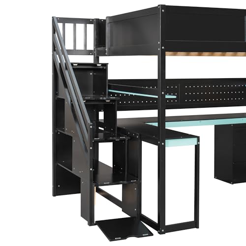 FUvellamo Full Size Gaming Loft Bed with Desk, Wood Gaming Loft Bed Frame with Storage Stairs, Drawers, Shelves & Pegboard, Esports Gaming Loft Bed for Kids, Teens, Adults, Black+Blue FUvellamo