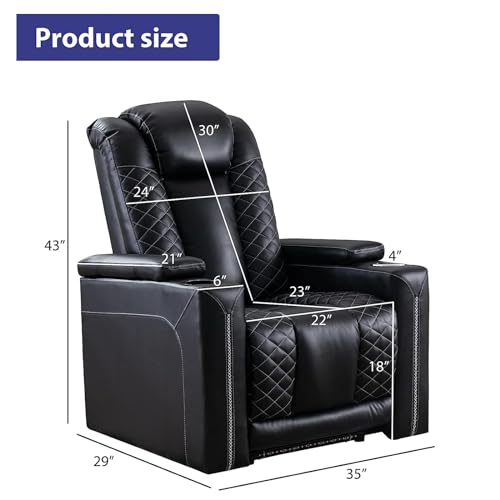 CANMOV Electric Power Recliner Chairs with USB Ports and Cup Holders, Breathable Faux Leather Home Theater Seating Recliner with Hidden Arm Storage, Ambient Lighting, Black
