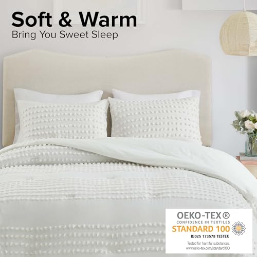 Comfort Spaces Cotton Comforter Set Jacquard Pom-Pom Tufts Design, Down Alternative, All Season Modern Bedding, Matching Shams, Full/Queen, Phillips, Ivory Comfort Spaces