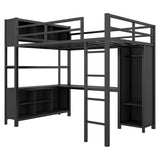 Bellemave Metal Loft Bed with Wardrobe and L-Shaped Desk, Full Size Loft Bed with Storage Cubes and Shelves, Heavy Duty Loft Bed for Kids Teens Adults, Black Bellemave