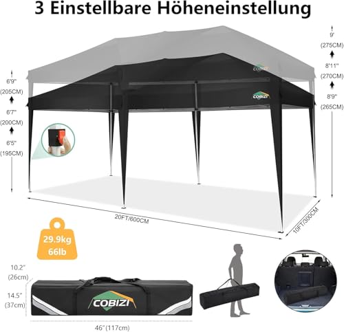 COBIZI Canopy 10x20 Pop Up Canopy Tent with 6 Sidewalls Party Tents for Parties Weddings Backyard Waterproof Outdoor Commercial Event Tent with Stakes, Ropes, Black COBIZI