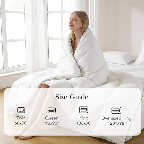 Feather Down Fiber Comforter Queen Size,Premium Ultra-Soft Breathable Comforter High Fill Power White Duvet Insert,All Season Hotel Luxury Bedding Comforters 8 Corner & Center Loops,Baffle Box Design HYVIF