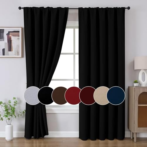 Joydeco Blackout Curtains for Bedroom, Black out curtains 96 inch long 2 Panels, Long Black Drapes with Rod Pocket Back Tab, Room Darkening Noise Reducing & Wrinkle-Free Drapes for Living Room Windows Joydeco
