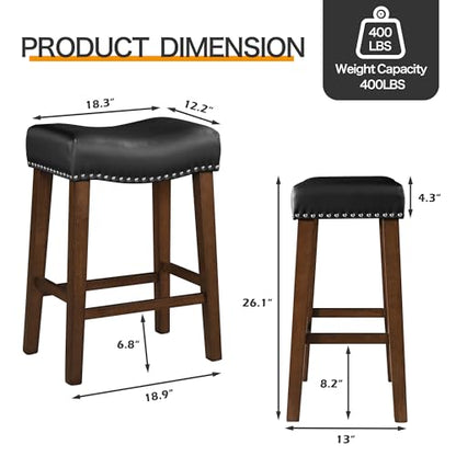 Larksperal 26" Backless Bar Stools Set of 2 - Counter Height Barstools with Faux Leather Upholstered Saddle Seat, Modern Wood Backless Bar Stools for Kitchen Island, Black - WoodArtSupply